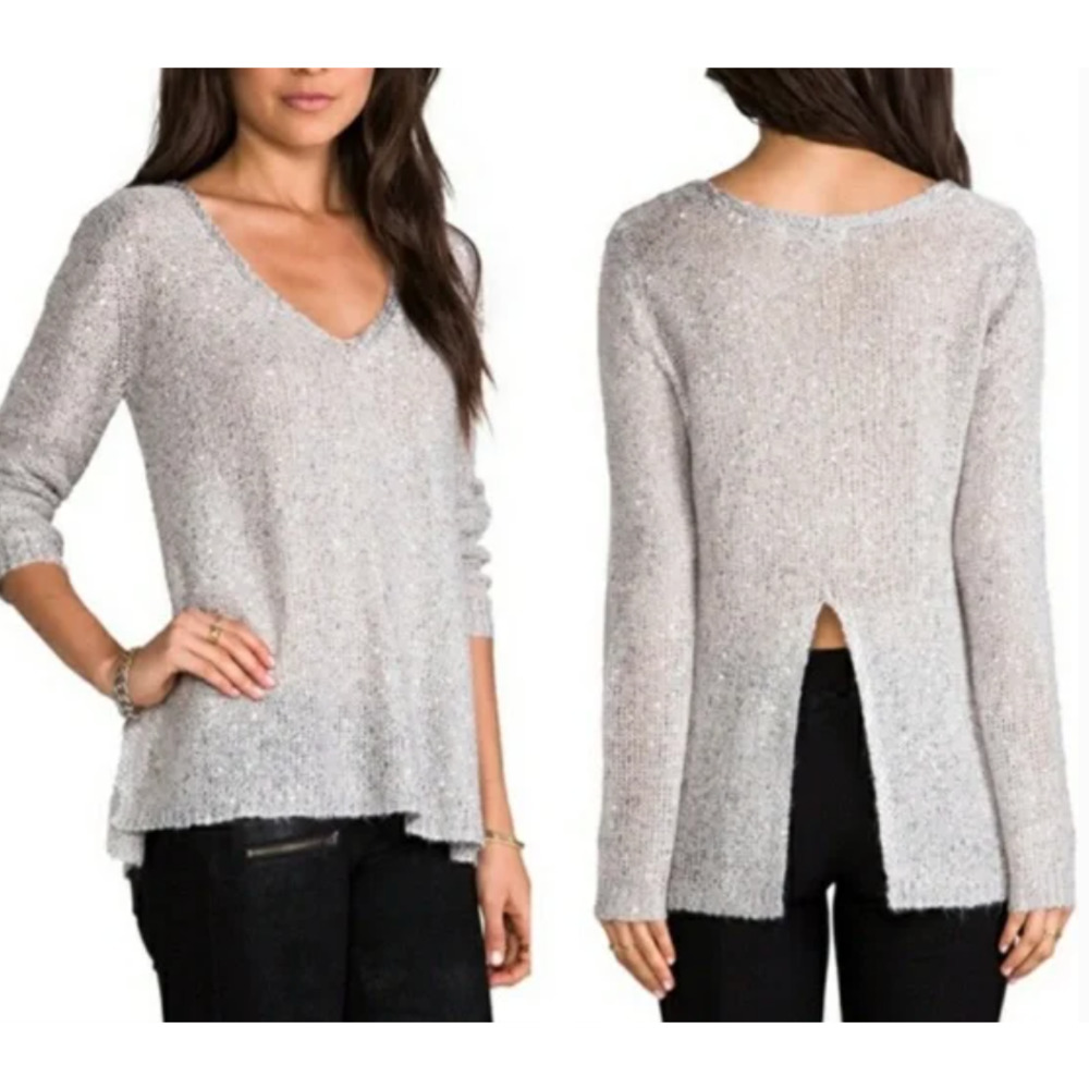 BB Dakota Dark Gray Sequin Sparkle V-Neck Sweater V-Neck Split Open Back
